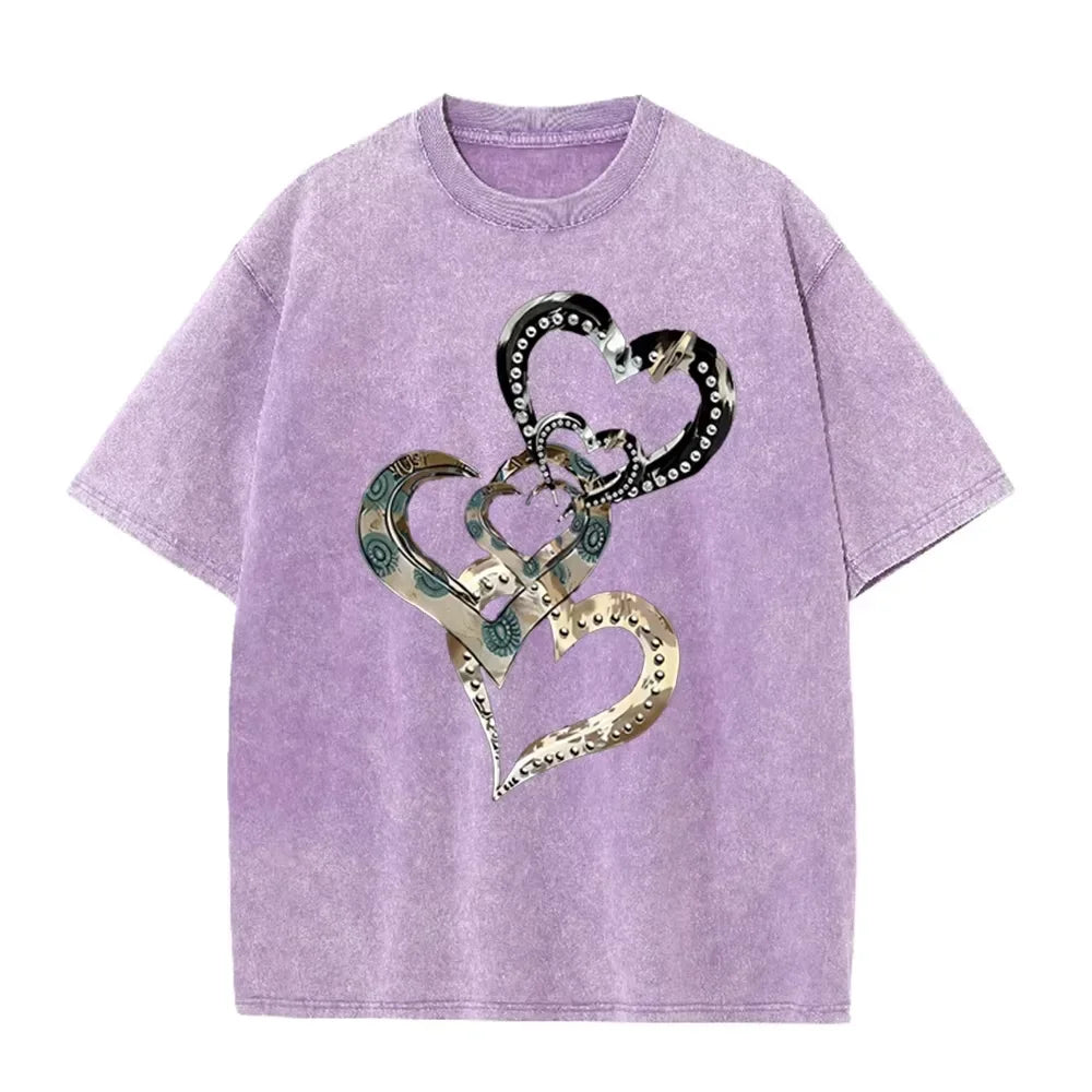 Retro Acid Wash Oversized T-shirt Metallic Multi Heart Print Punk Rivet Design Casual Street Tops