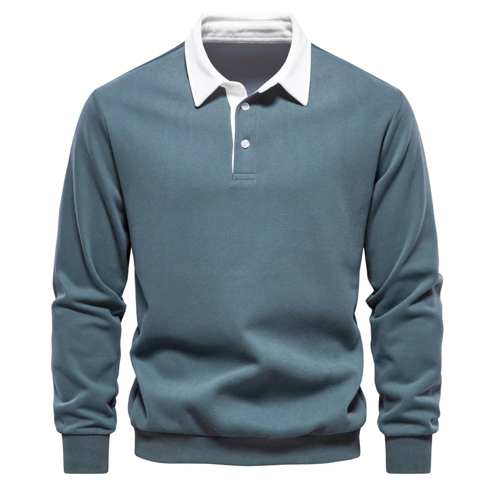 Men's Polo-Collar Long-Sleeve Button-Neck Sweatshirt
