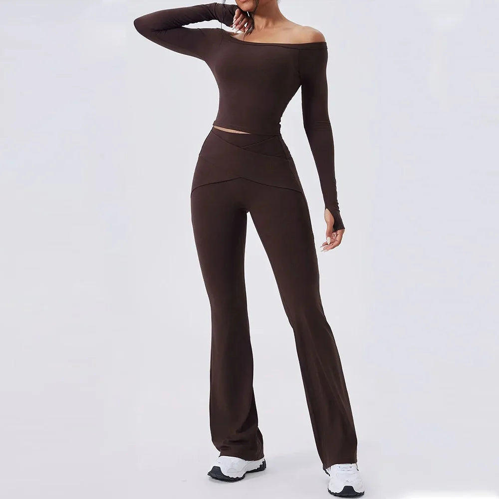 Women's Off-Shoulder Top and Flared Pants Workout Set