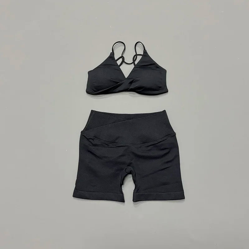 Women's Strappy Bra And Shorts Yoga Set For Workout Outfits