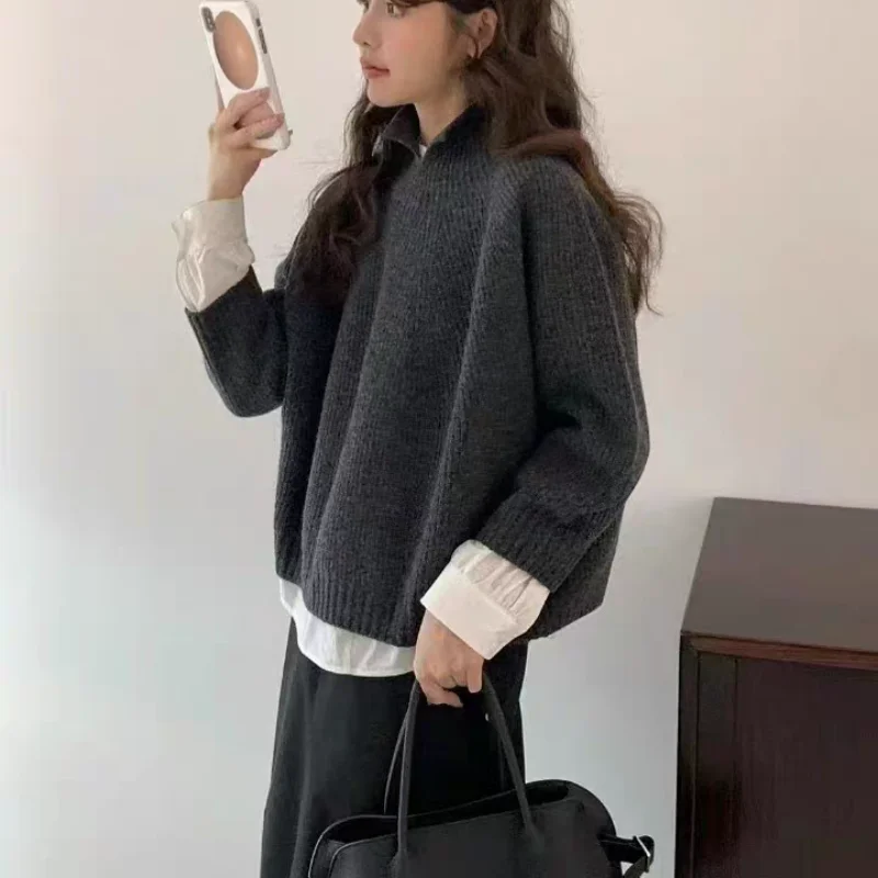 Half-open high-neck three-quarter sleeve cashmere sweater women loose cashmere sweater for autumn and winter thickened sweater