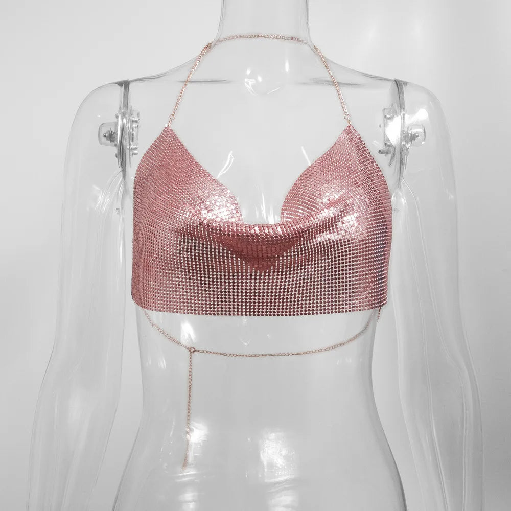 Women's Metallic Chain Mesh Halter Crop Top with Draped Neckline