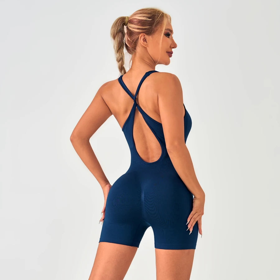 Women's Scoop Neck Nylon Blend Workout Romper with Crisscross Back Straps