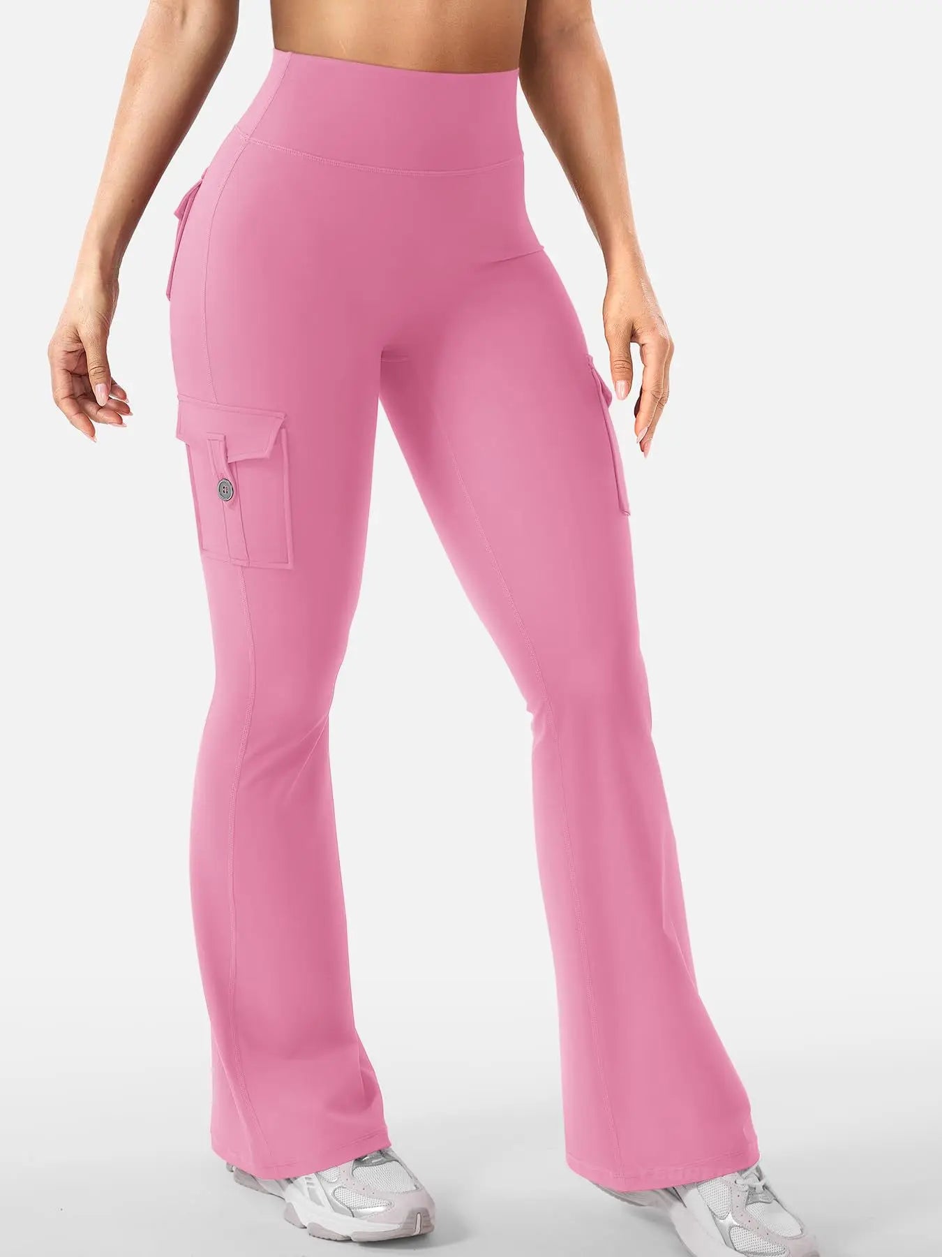 Women's High Waist Polyester Flared Pants with Cargo Style Thigh Pockets