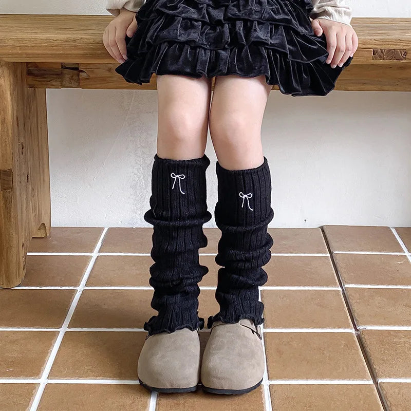 Children's Ribbed Leg Warmers with Decorative Embroidered Bow Detail