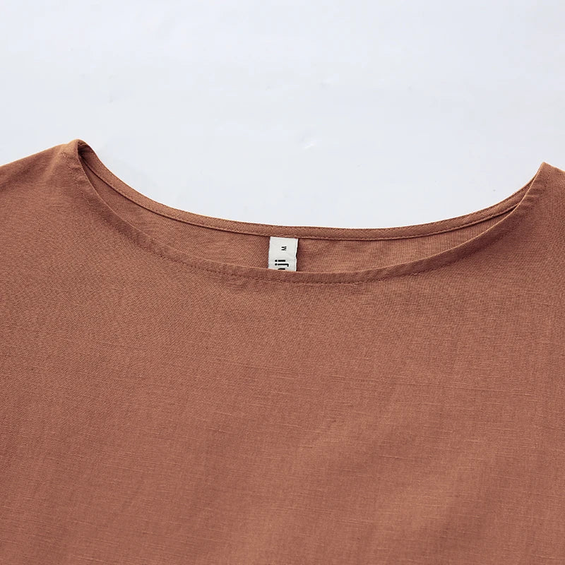 Women's Cotton-Linen Round-Neck Loose A-Line Midi Dress with Pockets for Summer Outfits