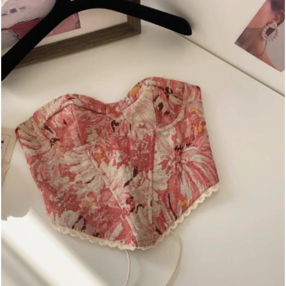 Women's Floral Tapestry Print Polyester Bustier Crop Top with Lace Up Back