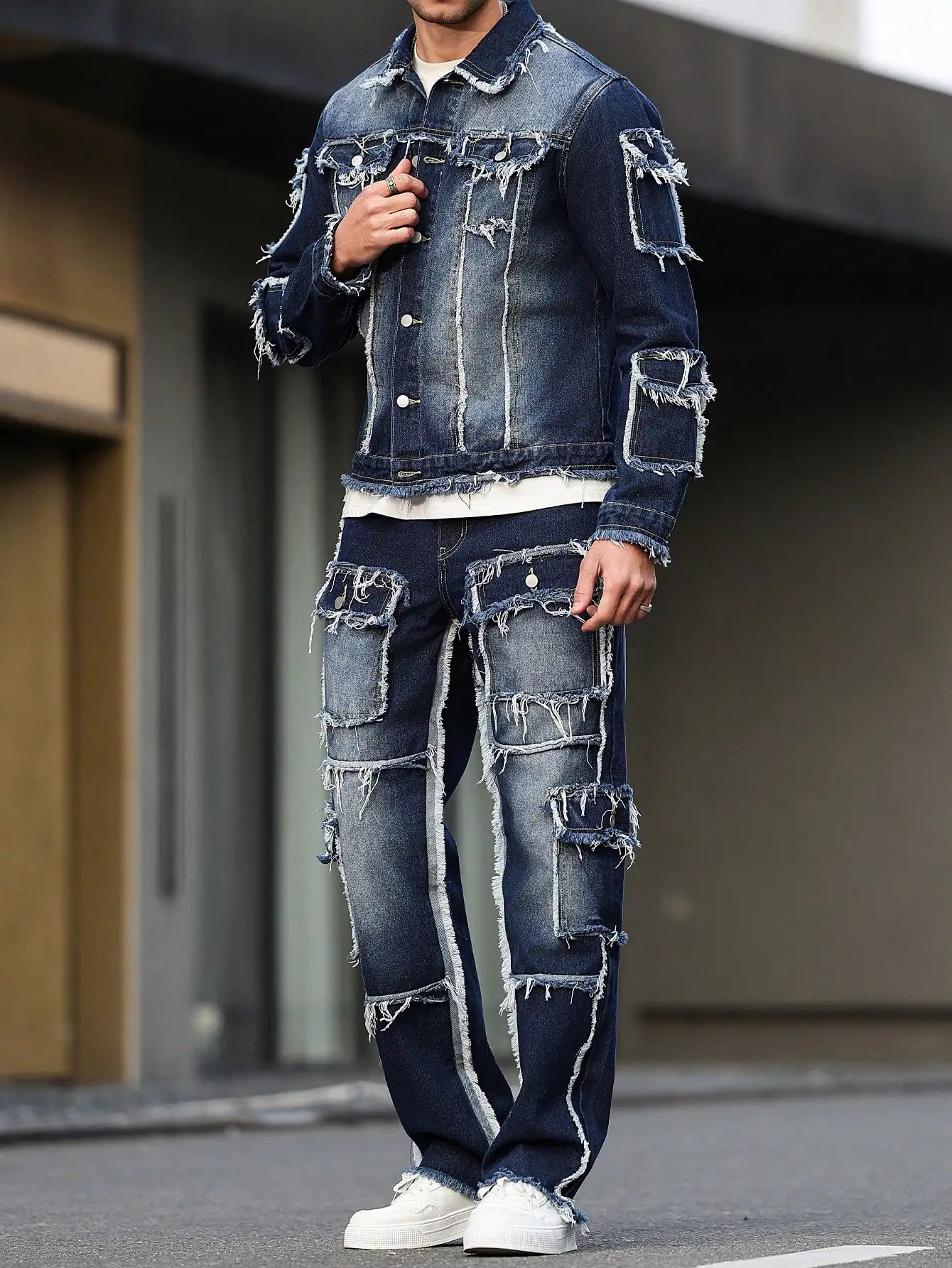 Men's Distressed Denim Jacket and Wide-Leg Pants Set