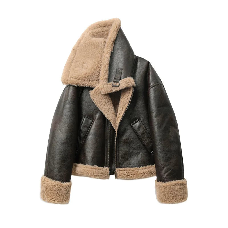 Brown Contrast-Trim Short Zip-Front Jacket