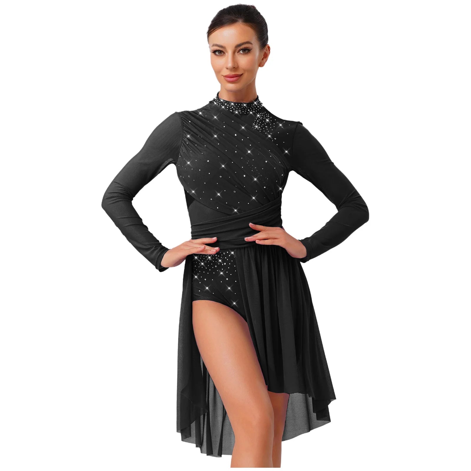 Women's Long Sleeve Rhinestone Dance Dress with Open Back and Split Skirt