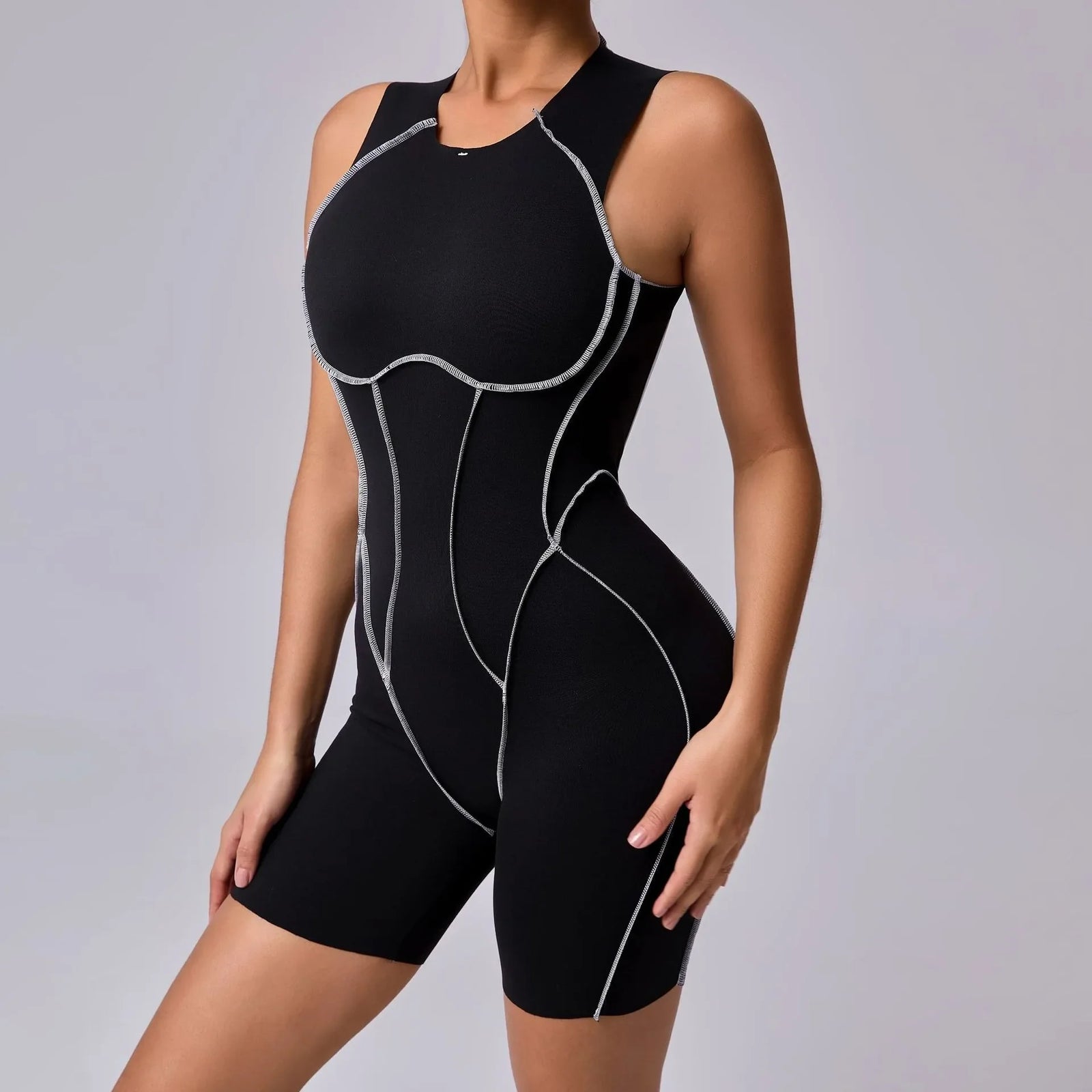 Women's High Neck Nylon Workout Romper with Racerback and Contrast Seams
