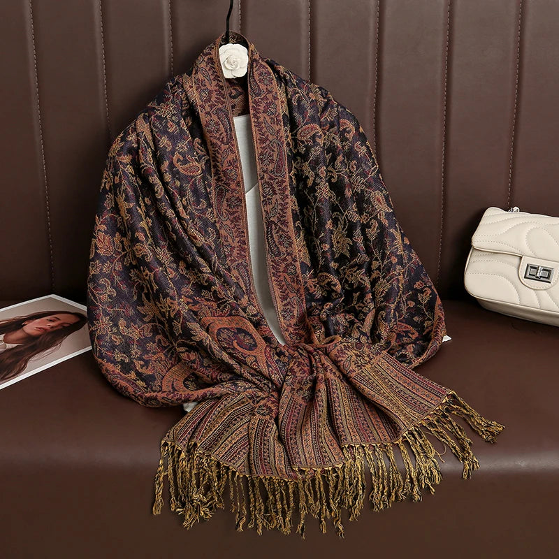 Paisley Floral Print Long Scarf with Fringed Ends