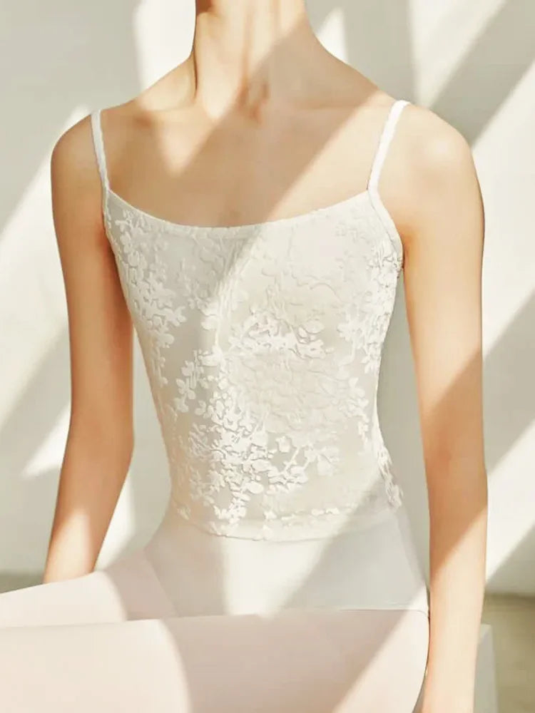Women's Floral Lace Camisole Ballet Leotard with Low Back Design