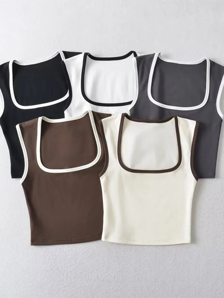 Women's Square Neck Crop Top with Contrast Trim and Cropped Length