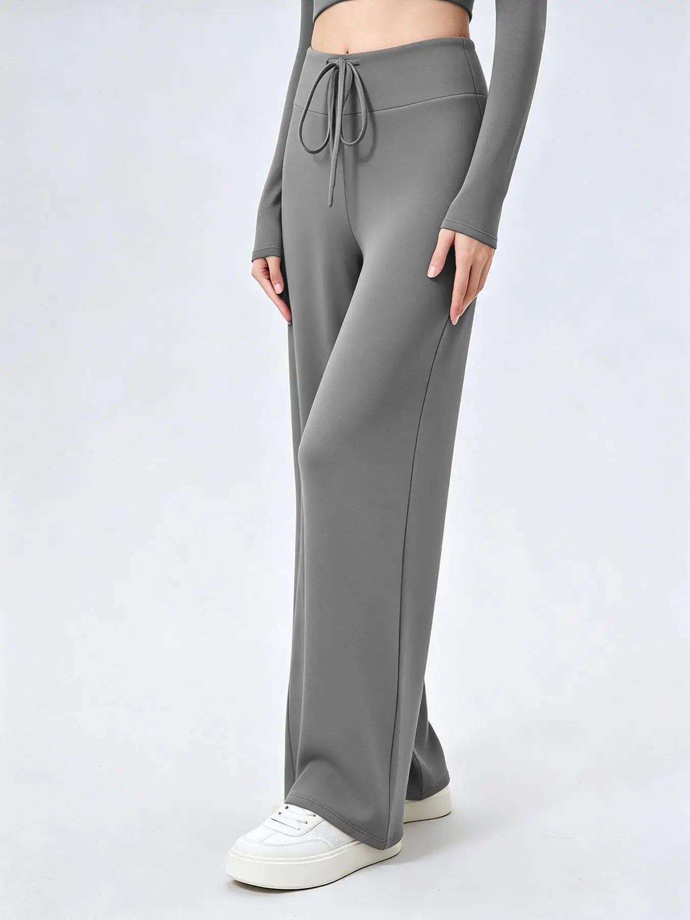 Women's Drawstring Waist Nylon Blend Wide Leg Pants for Yoga and Pilates