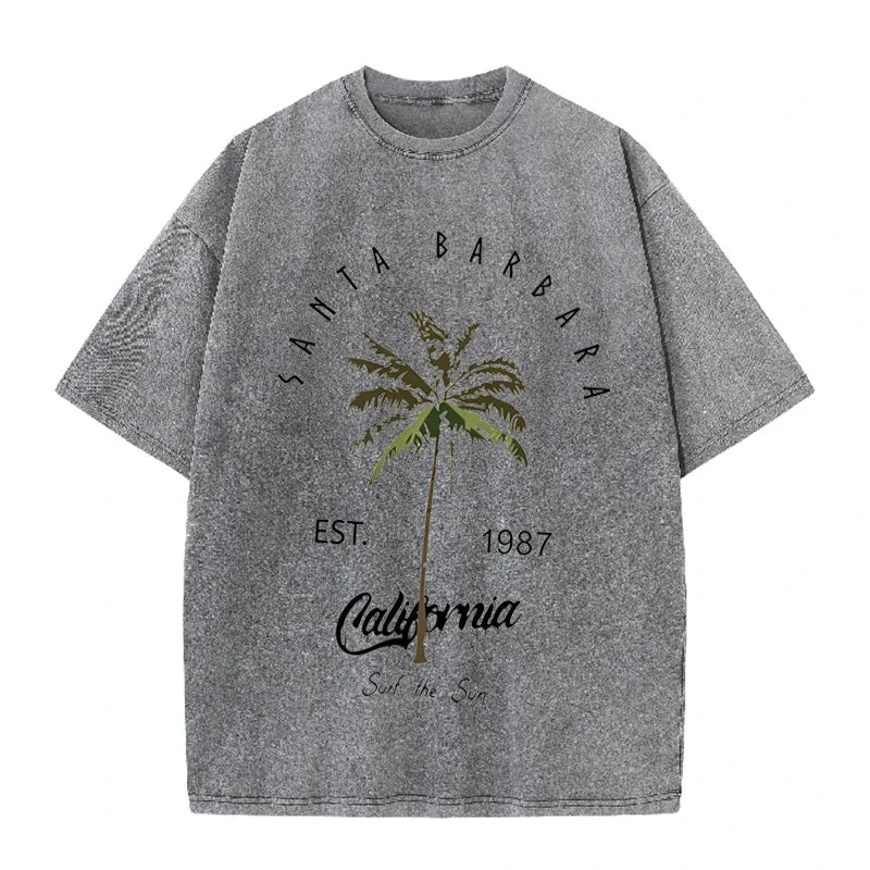 Vintage Palm Tree Print T Shirt Santa Barbara Retro Washed Cotton Tee