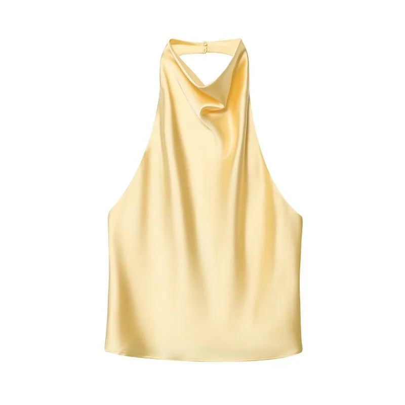 Women's Satin Polyester Halter Camisole with an Open Back and Draped Front