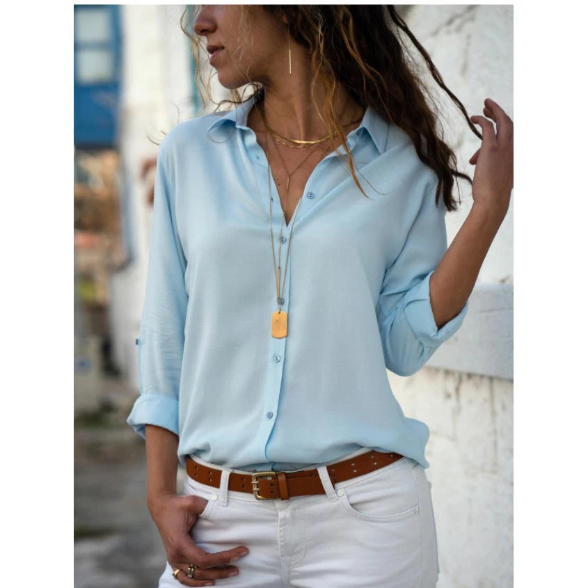 Women's Collared Roll Sleeve Button Front Shirt