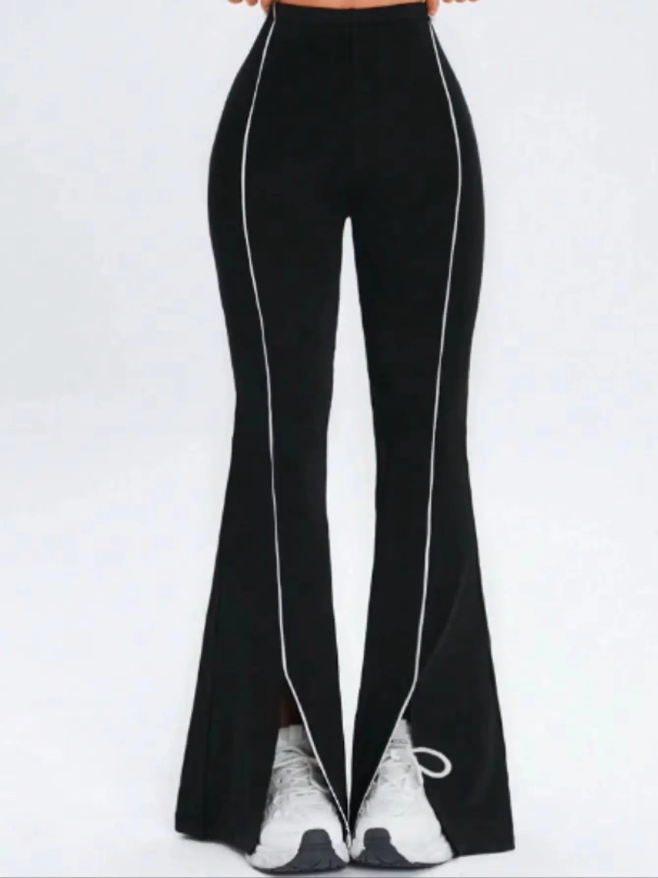 Women's High Waist Polyester Blend Flared Workout Pants with Contrast Piping