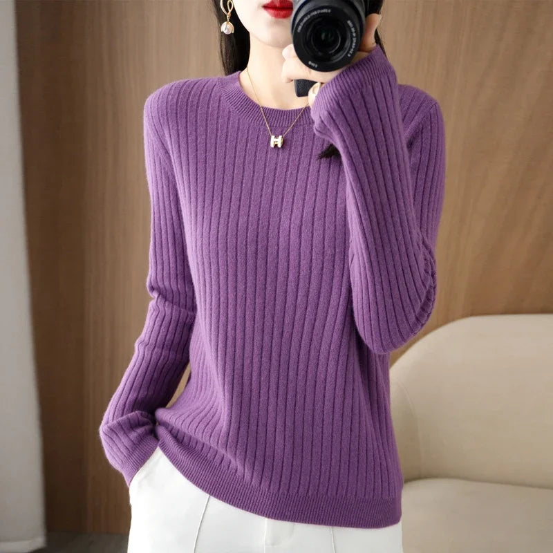 Women's Ribbed Crew Neck Long Sleeve Sweater Casual Knit Layer