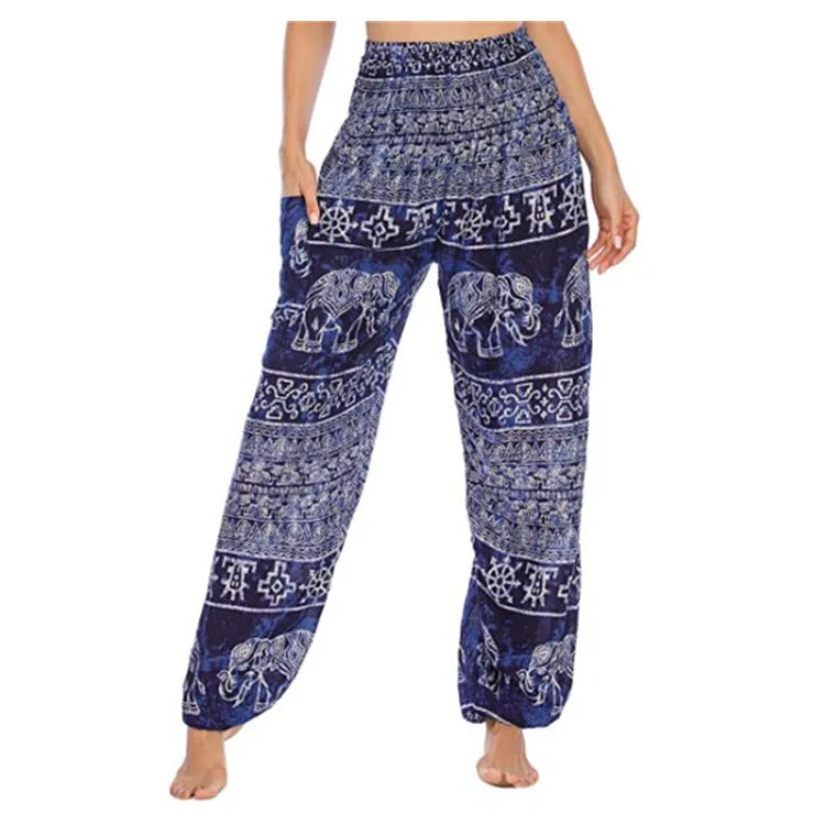 Women's Printed Nylon Harem Pants with Smocked Waist and Convertible Styling