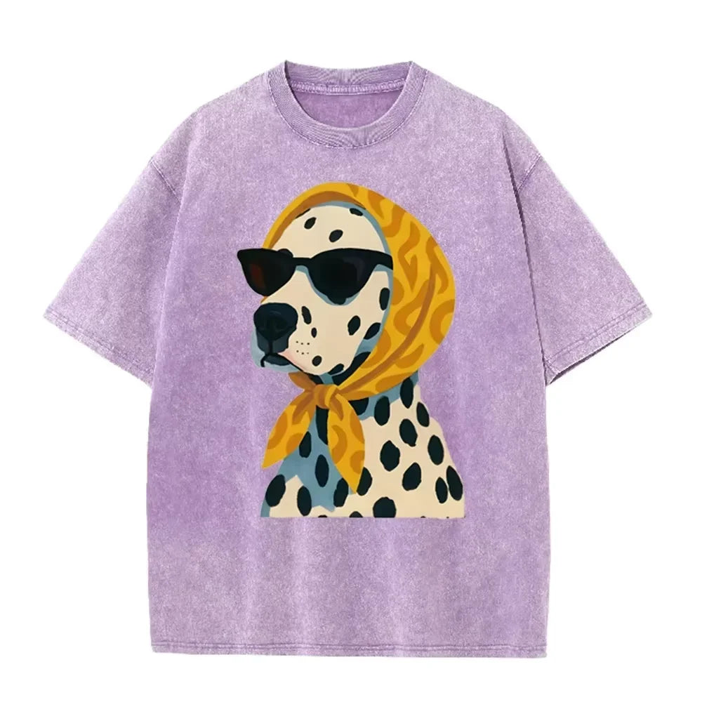 Distressed Vintage Washed Tee Stylish Cool Dalmatian Cartoon Animal Print Loose Fit Short Sleeve T Shirts