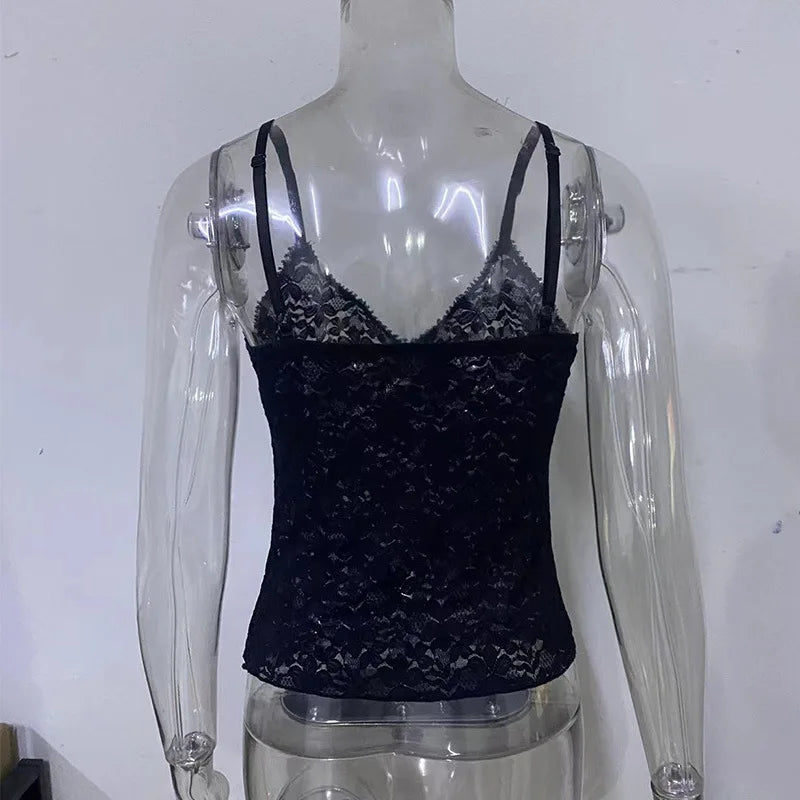 Women's Sheer Lace Camisole with a V Neckline and Thin Straps