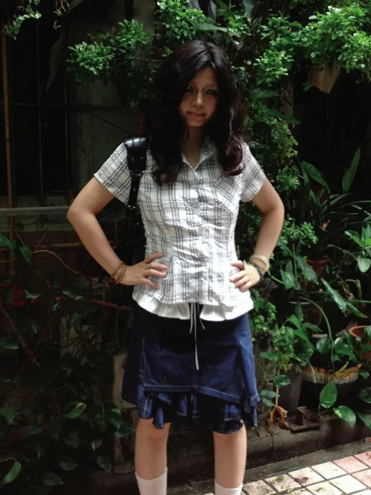 Women's Fitted Checked Short Sleeve Button Front Shirt