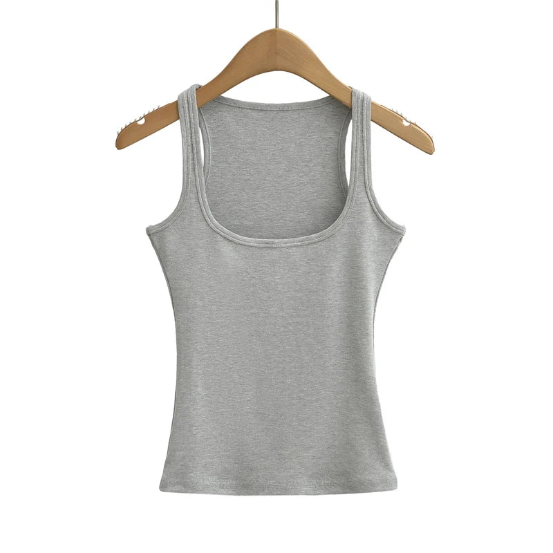 Women's U Neck Polyester Blend Tank Top with Ribbed Texture and Wide Straps