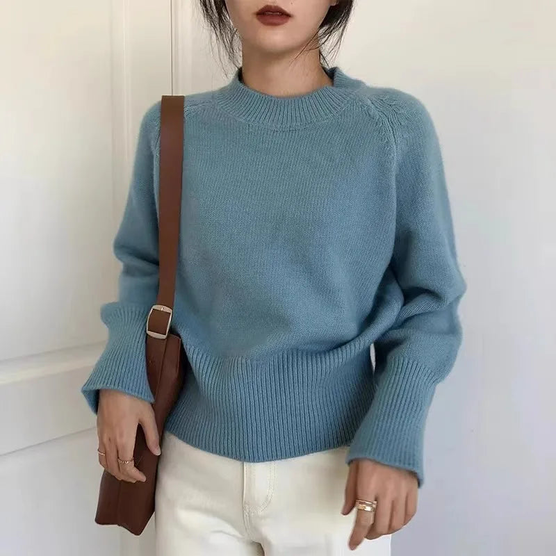 Pure wool retro sweater crewneck pullover short knitwear women's top trend