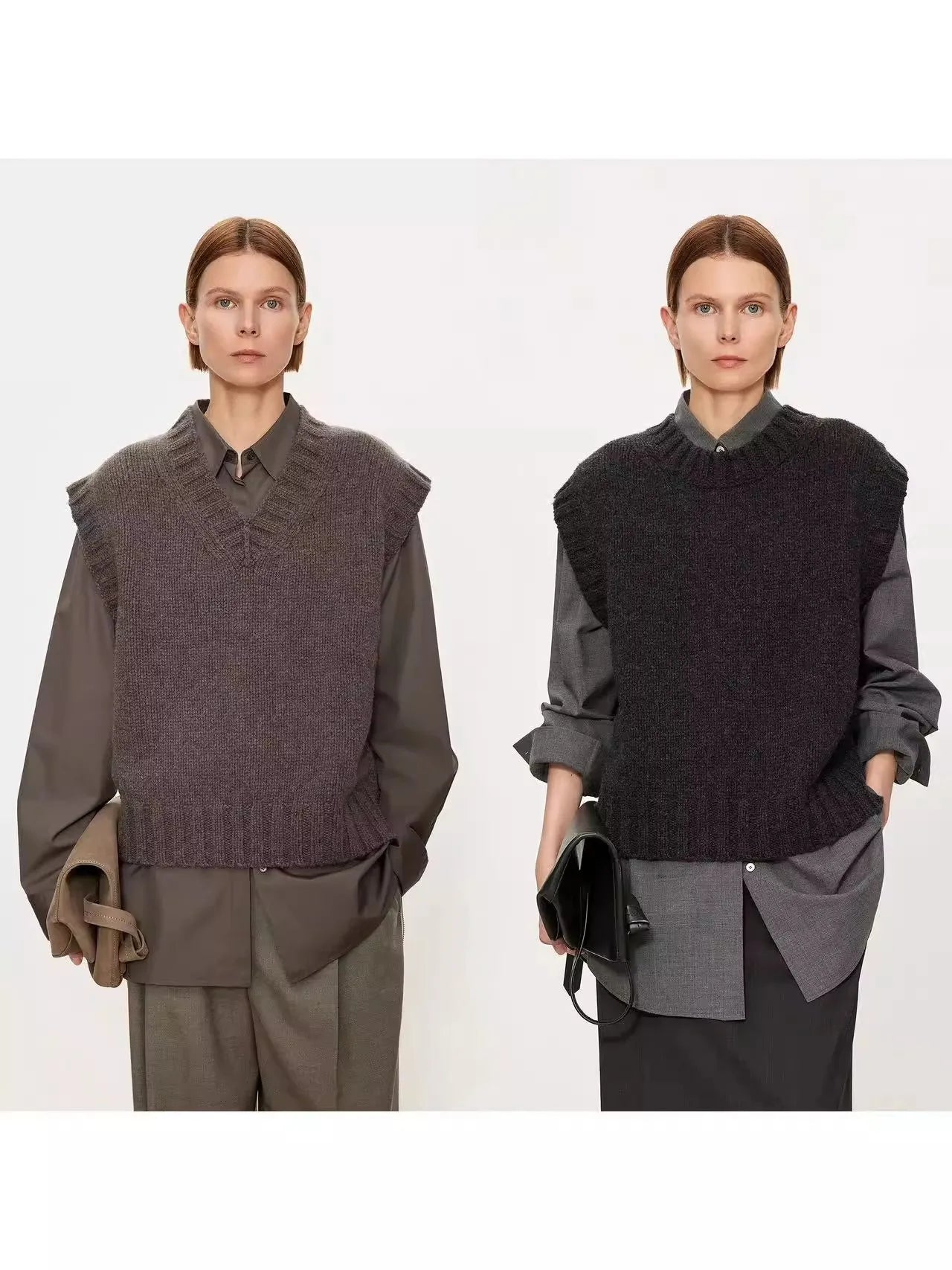 A stylish layering of 100% wool vest, V-neck vest waistcoat loose sleeveless vest and knitted sweater women autumn and winter