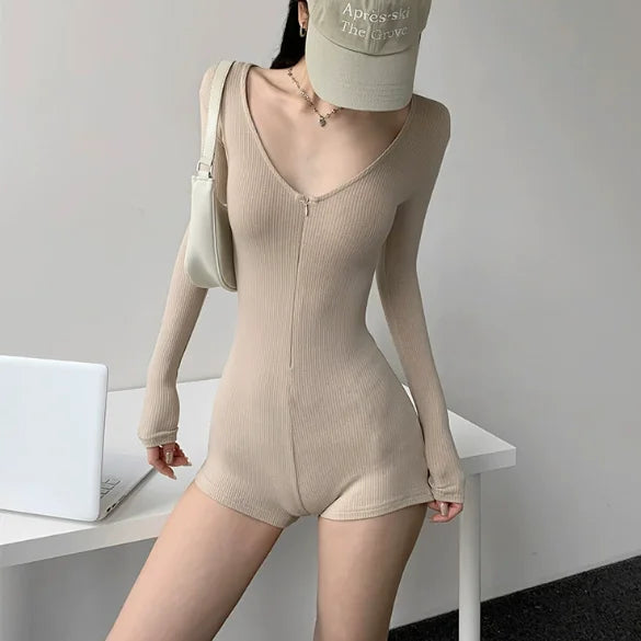 Women's Fitted Long Sleeve Polyester Romper with a V Neckline