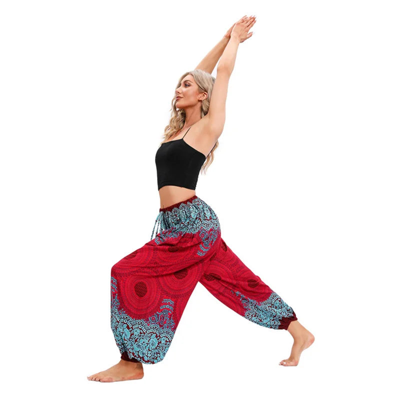 Women's Printed Rayon Harem Pants with Elastic Waist and Loose Gathered Legs