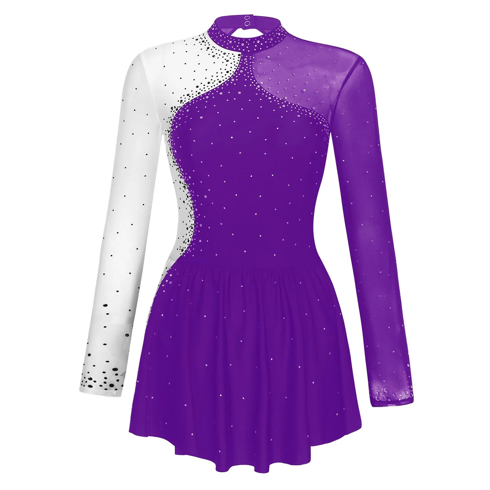 Women's Long Sleeve Rhinestone Dance Dress with Mesh and Open Back