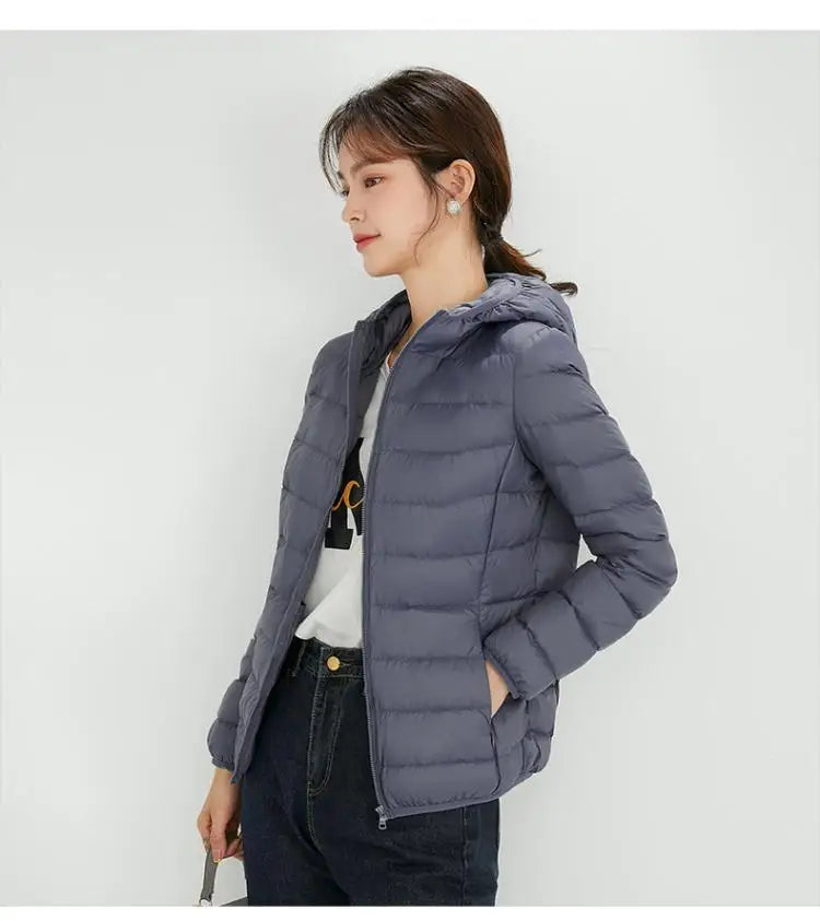 Women's Nylon Hooded Zip-Front Duck-Down Puffer Jacket for Casual Winter Layered Outfits