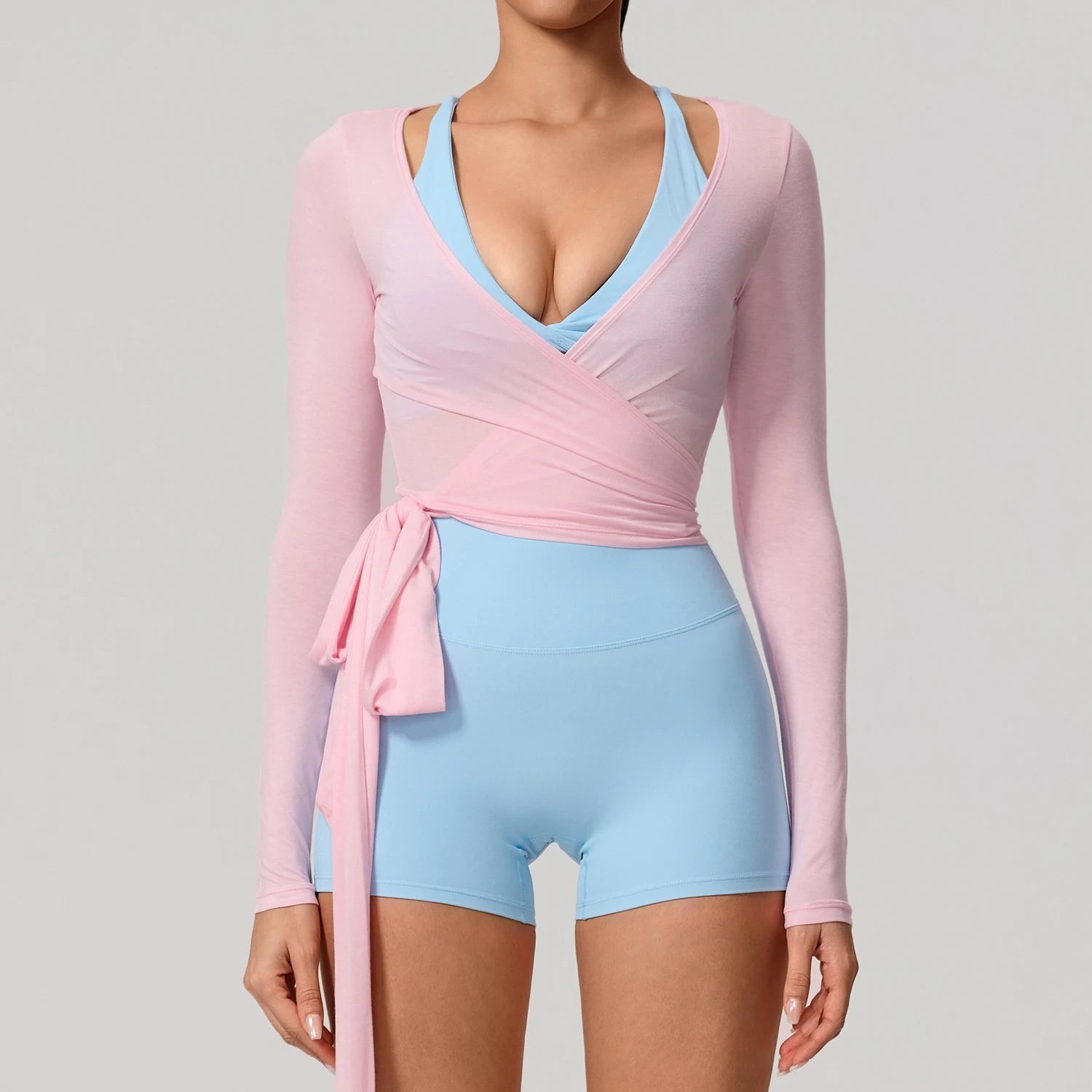 Women's Wrap Tie Front Long Sleeve Crop Top