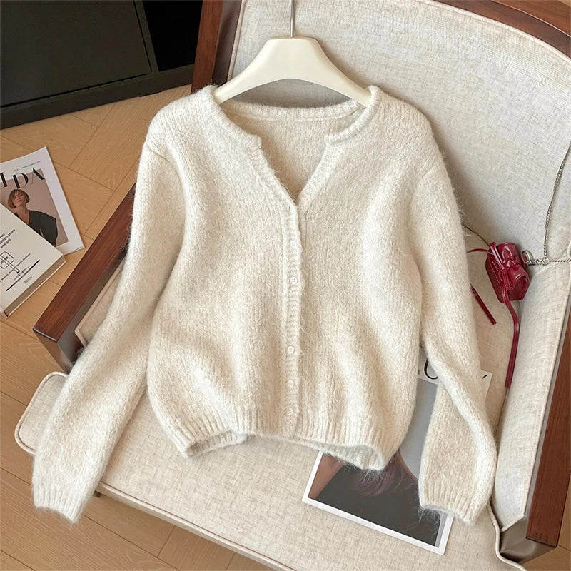 Women's Fluffy V Neck Zip Front Cardigan Casual Knit Layer
