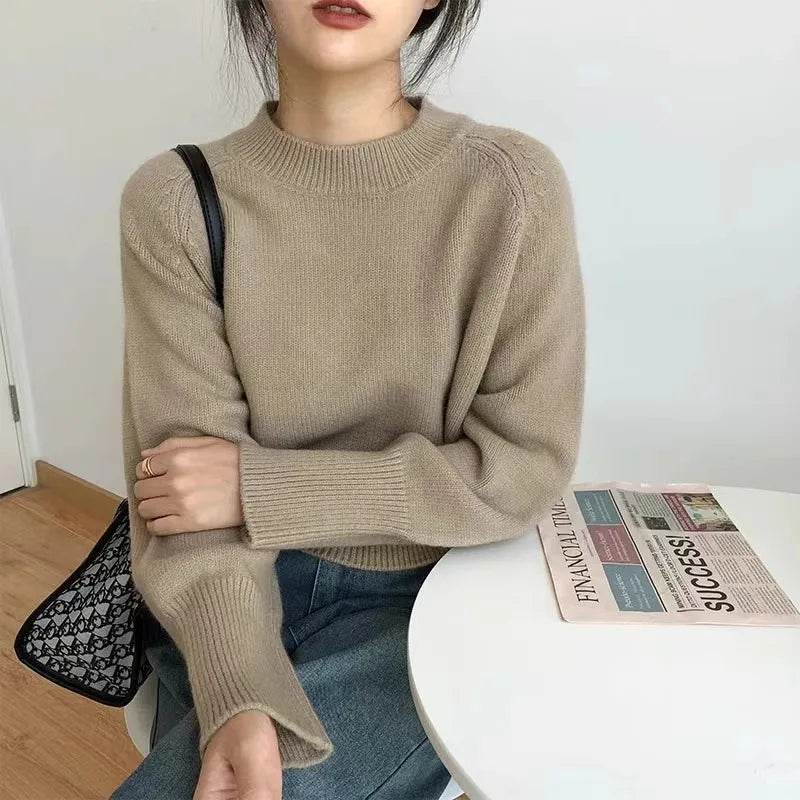 Pure wool retro sweater crewneck pullover short knitwear women's top trend