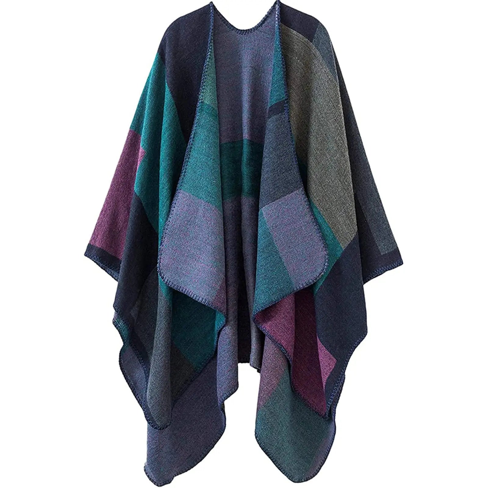 Block Plaid Open Front Poncho for Layering over Outfits