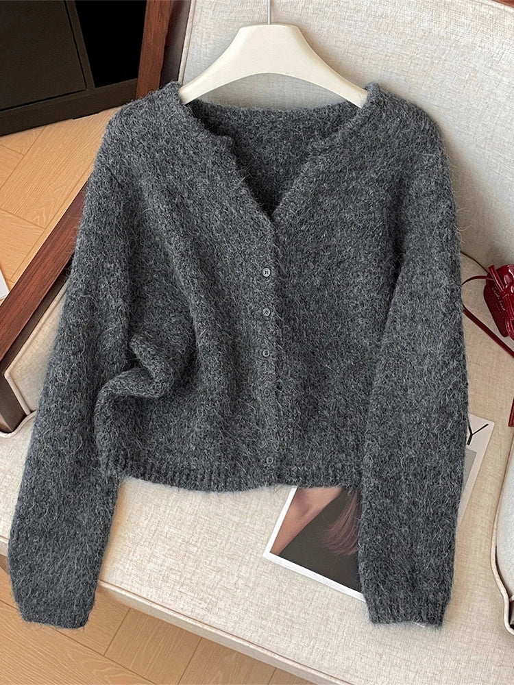 Women's Fluffy V Neck Zip Front Cardigan Casual Knit Layer