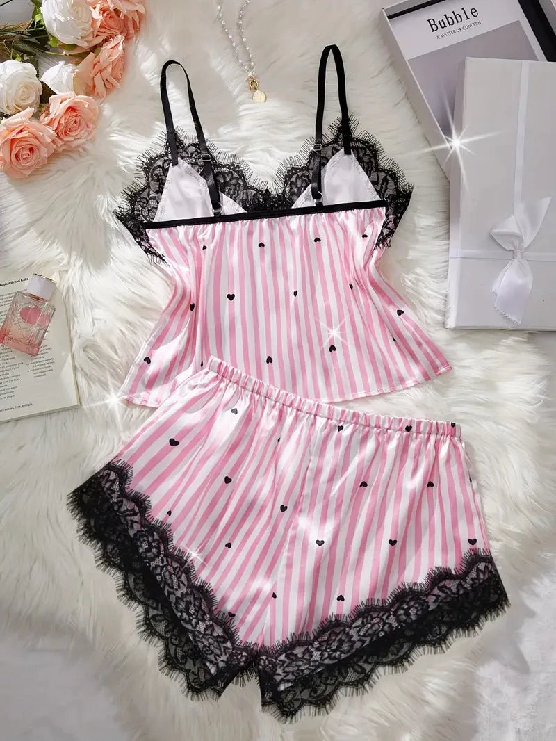 Women's Lace Trim Striped Cami Pajama Set with Top and Shorts