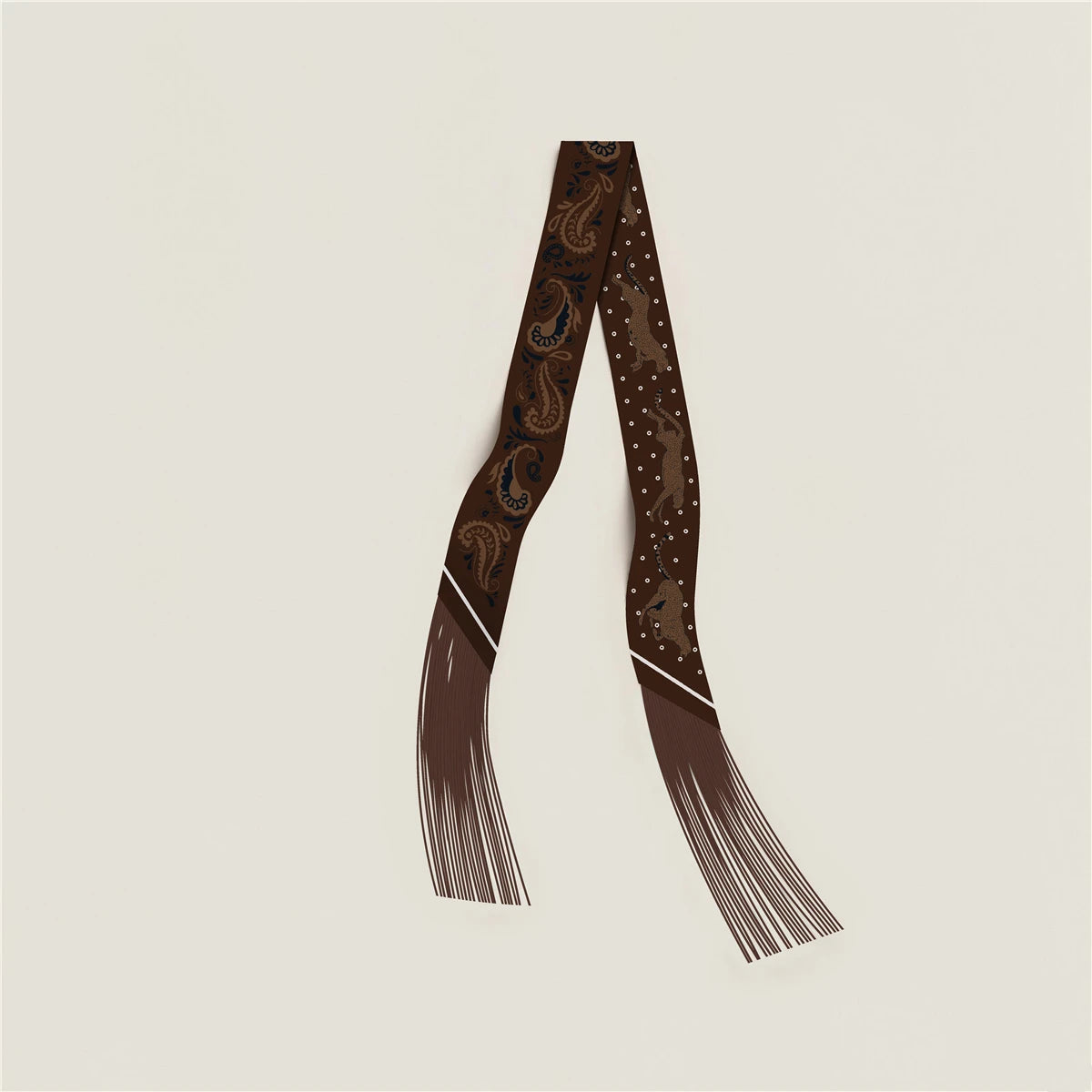 Printed Narrow Ribbon Scarf with Decorative Fringed Ends