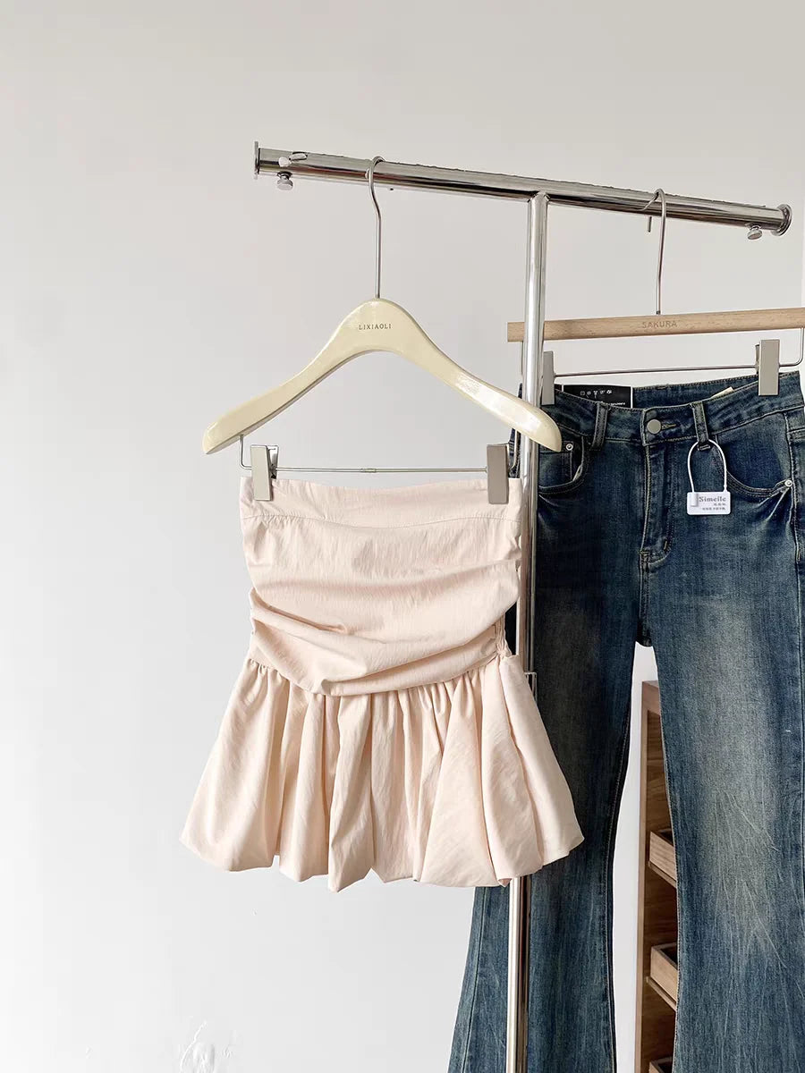 Women's Ruched Strapless Peplum Crop Top with a Gathered Waist