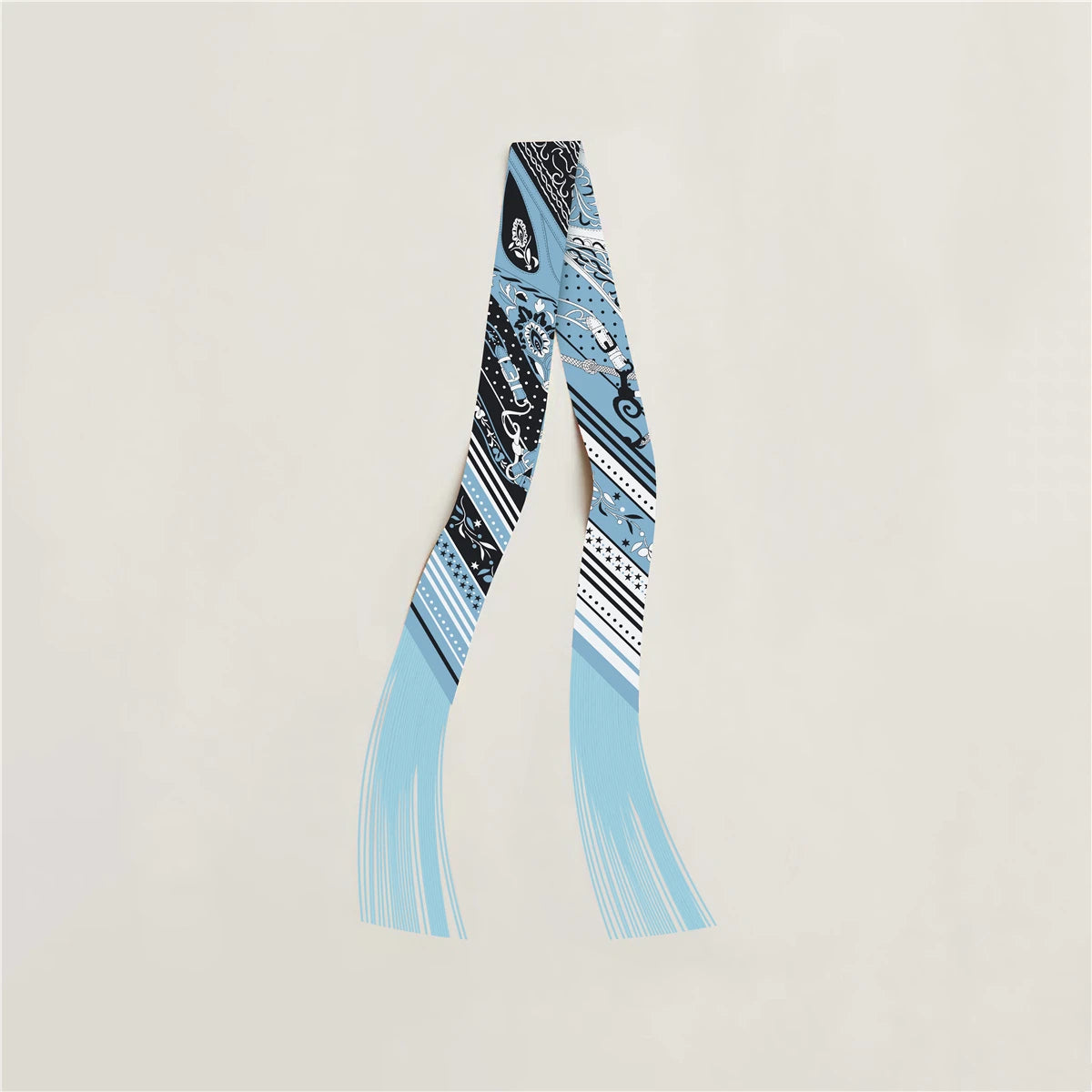 Printed Narrow Ribbon Scarf with Decorative Fringed Ends
