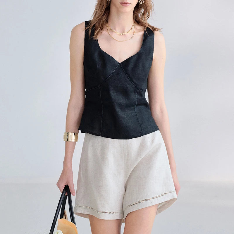 Women's Linen Sleeveless V-Neck Cropped Tank Top with Zipper Detail for Summer