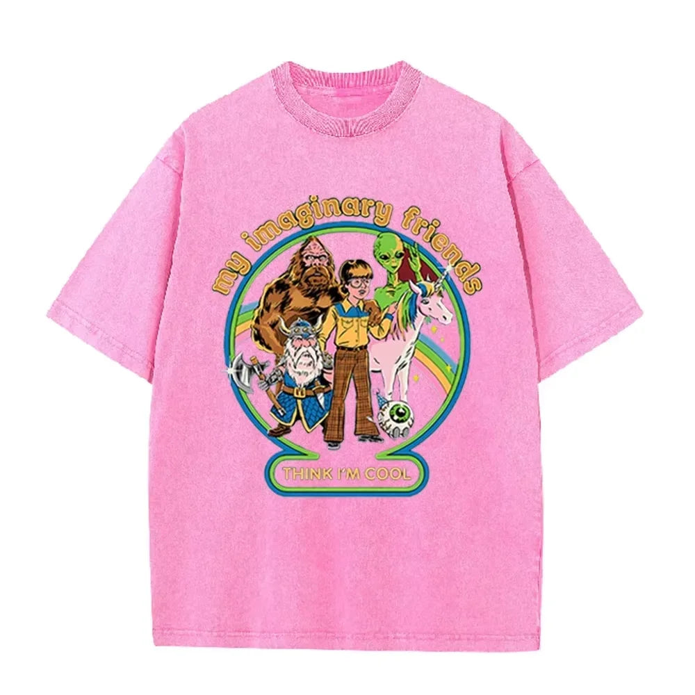 Brown Acid Wash Imaginary Friends Graphic Casual Retro Streetwear Tee