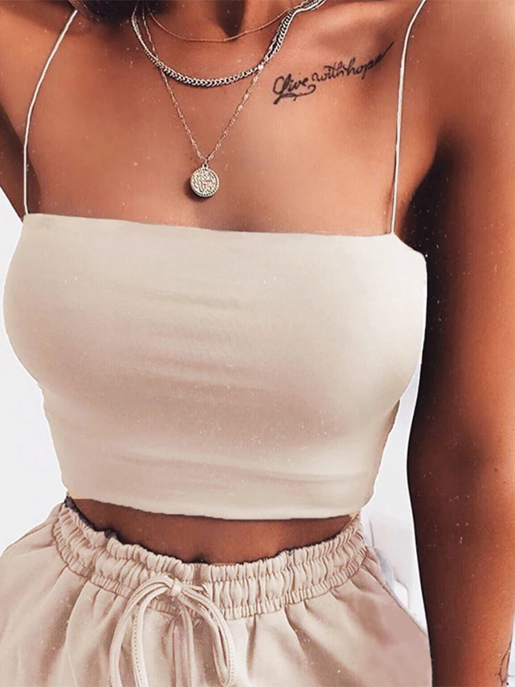 Women's Straight Neck Polyester Blend Crop Camisole with Thin Shoulder Straps