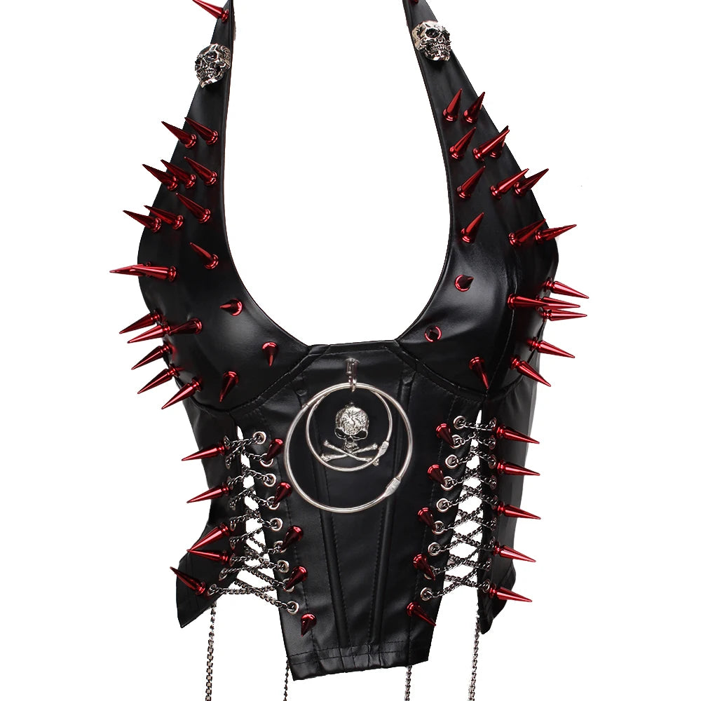 Women's Studded Crop Top with Decorative Spikes and Lace-Up Side Detailing