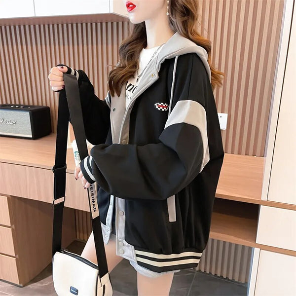 Fashion Hooded Sweatshirt for Women Thin Loose Stitching Single Breasted Hoodies with Pocket Female Baseball Cardigan Jacket