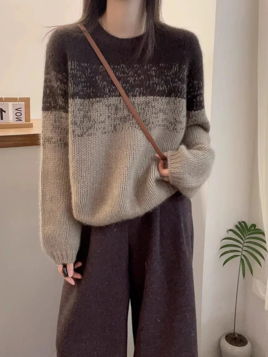 Crew-neck matching striped cashmere sweater women's long-sleeved autumn/winter loose wool base sweater